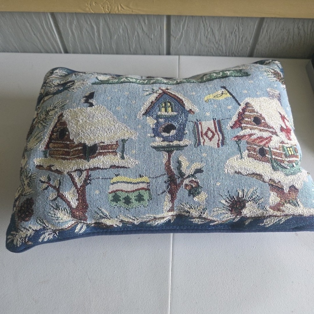 Tapestry Throw Pillow Winter Snow Birdhouses Birds Garden Cottage Farm Chic